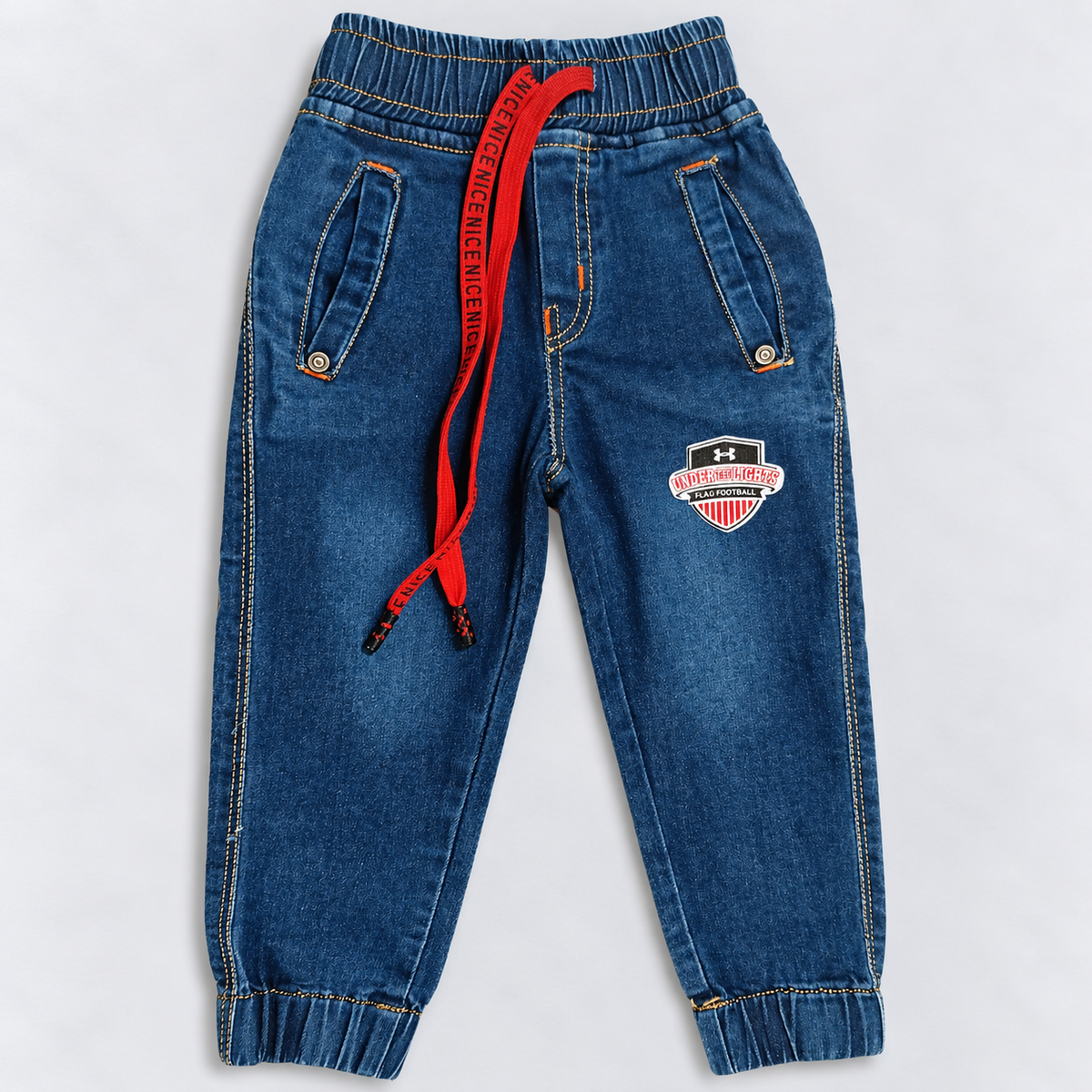 OlioKids Boys Blue Denim Jogger Pants | Football Print Kids Jeans
