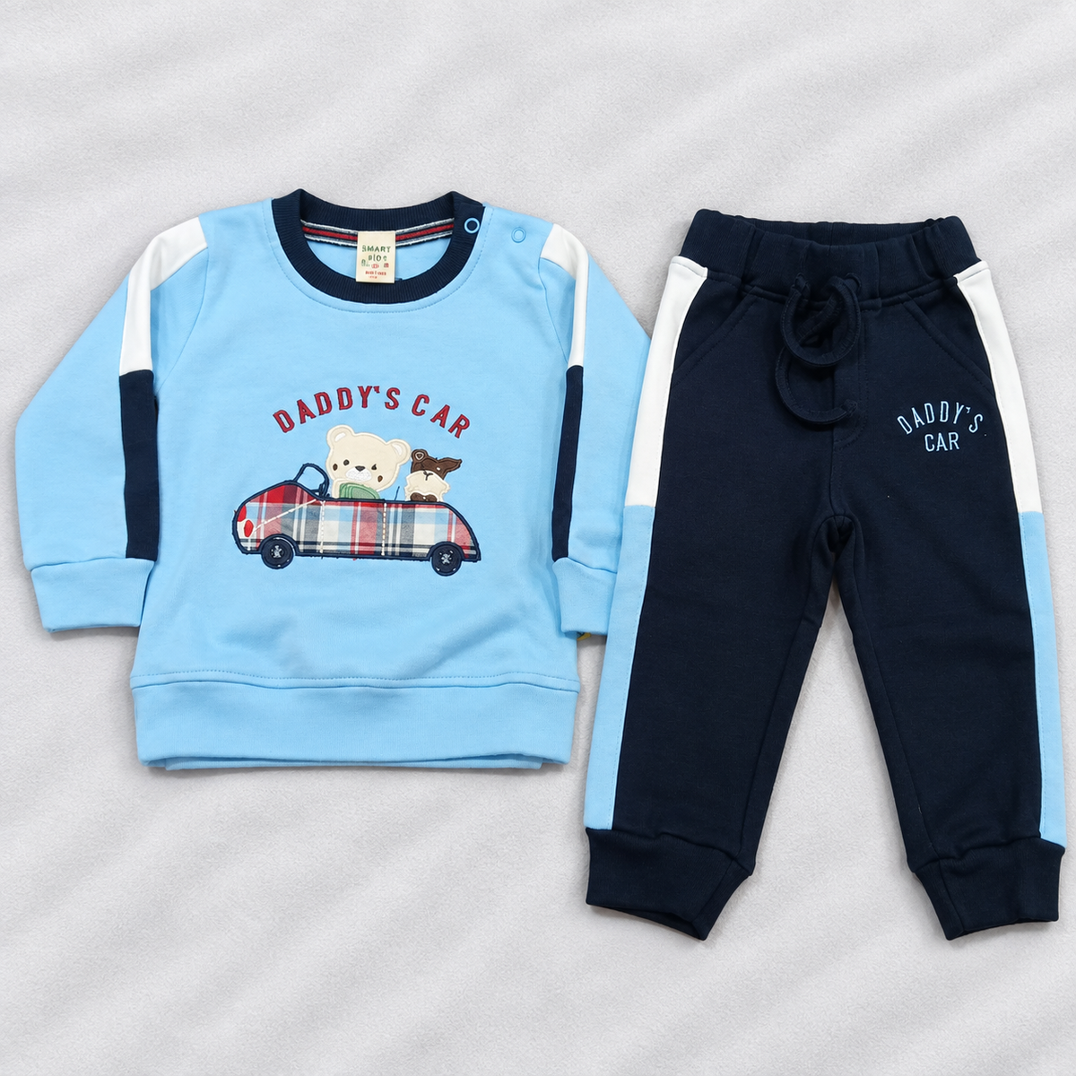 Brats and Dolls boys sky blue sweatshirt and navy blue jogger winter co-ord set with Daddy's Car teddy print