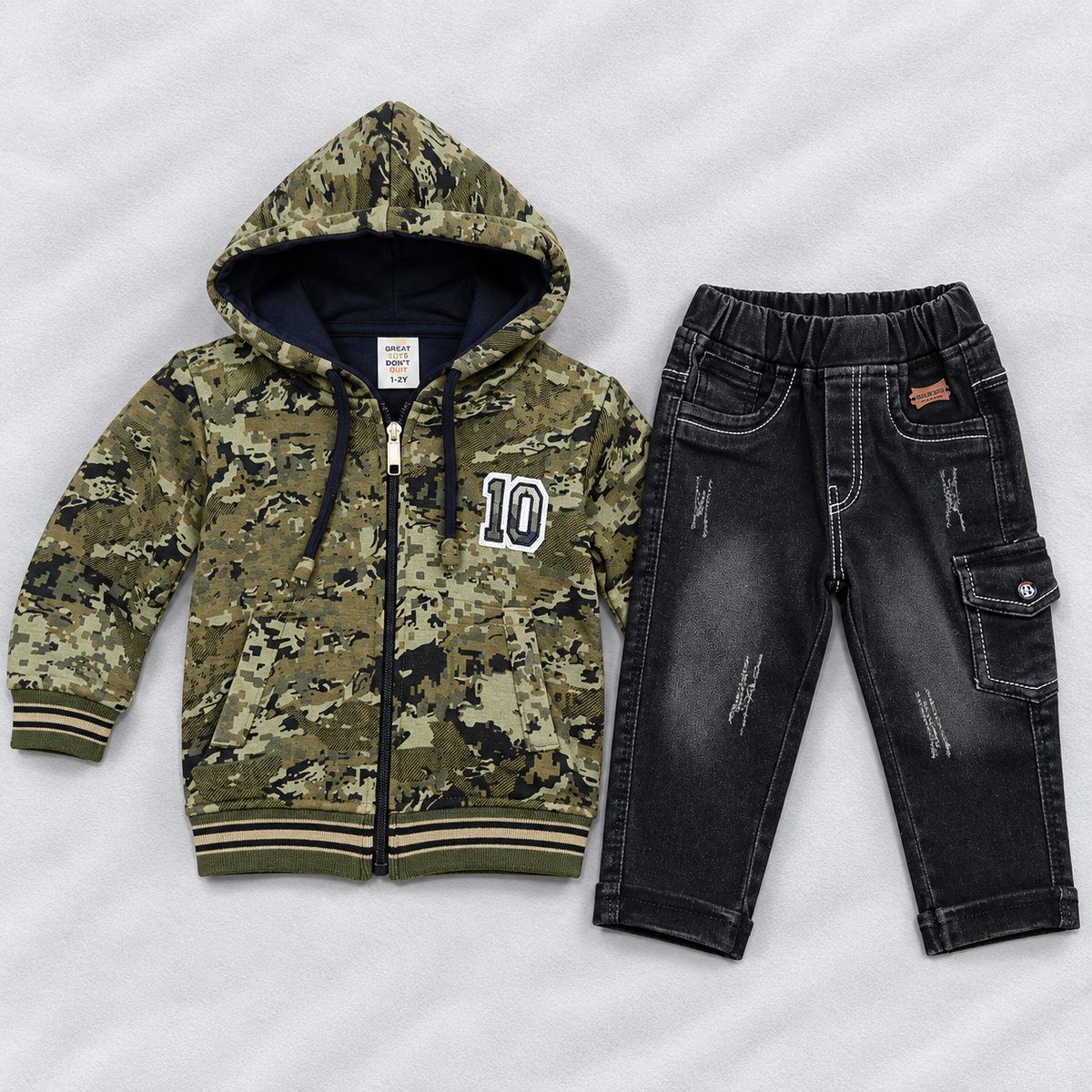 Boys Camouflage Hooded Jacket with Denim Jeans Set | Winter Wear