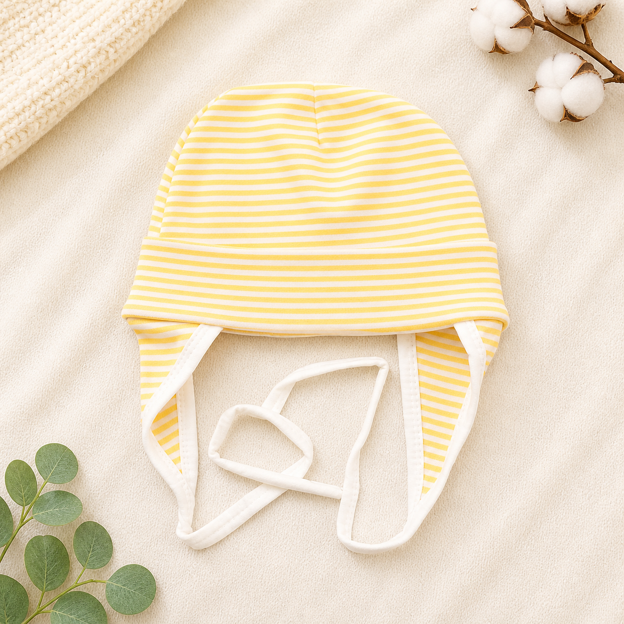 Newborn Baby Cotton Striped Tie Knot Cap White & Lemon Yellow Soft Infant Cap Breathable & Comfortable- Cutypi