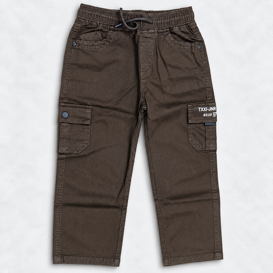 Taxi Junior boys brown cargo pants with elastic waist, drawstring and utility pockets | Cutypi