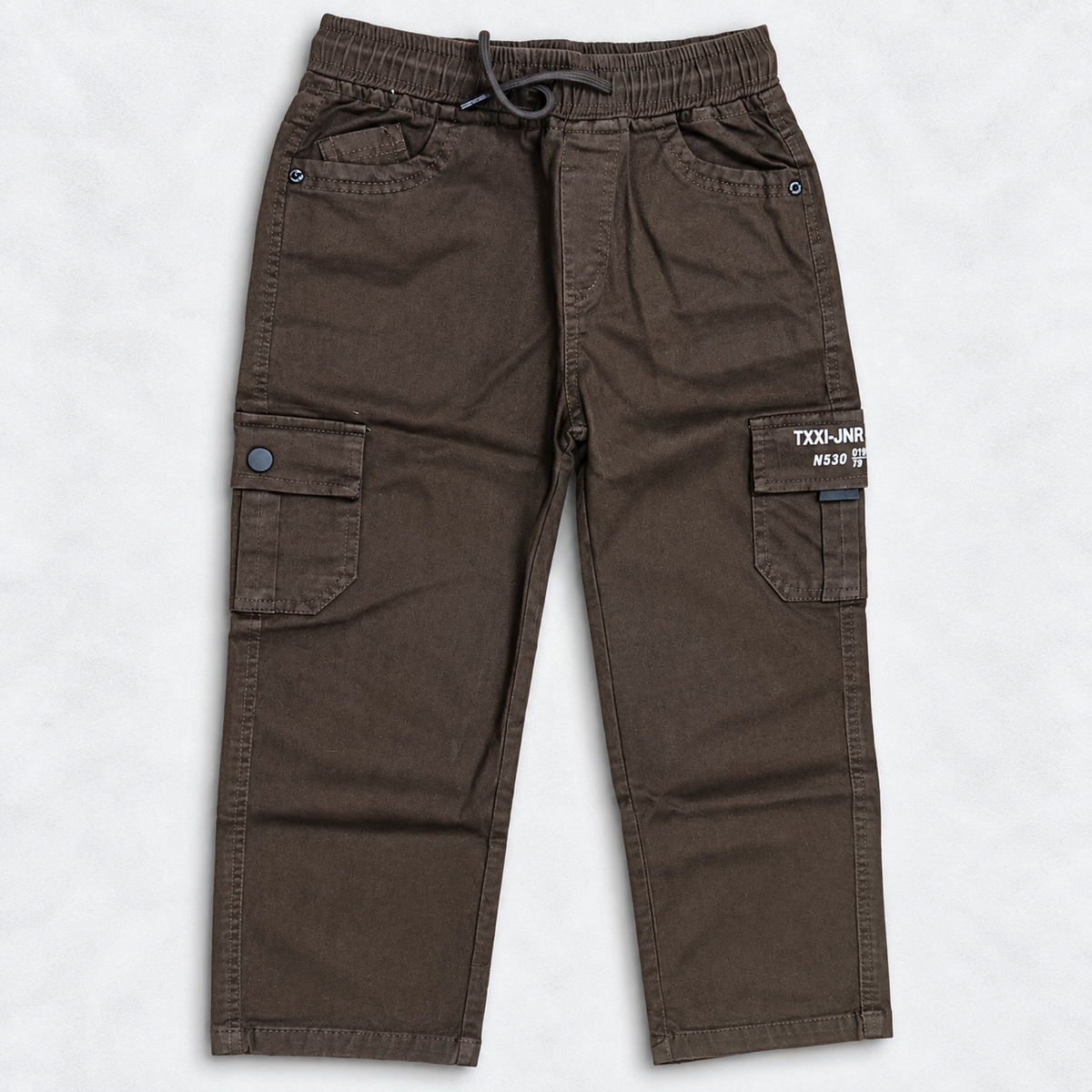 Taxi Junior boys brown cargo pants with elastic waist, drawstring and utility pockets | Cutypi