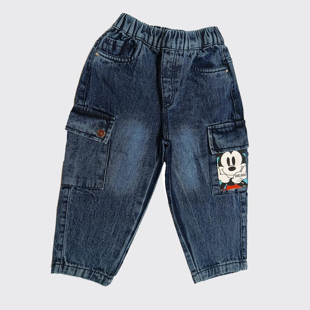 Boys Blue Denim Cargo Pants | Kids Jeans with Cartoon Pocket Detail