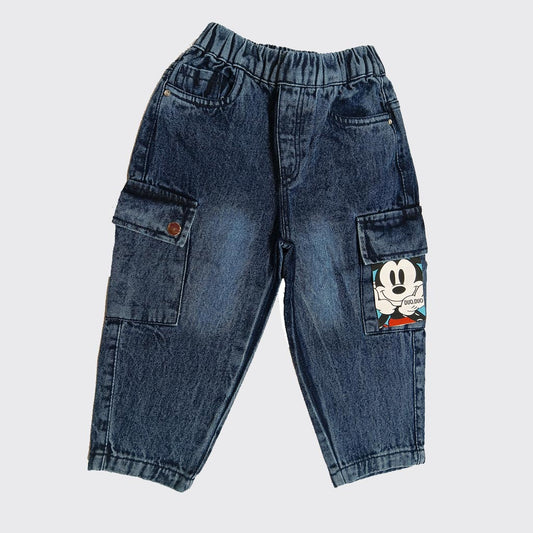 Boys Blue Denim Cargo Pants | Kids Jeans with Cartoon Pocket Detail