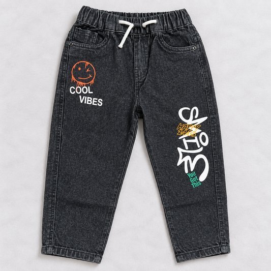 boys black denim jogger pants with Cool Vibes print, elastic waist and drawstring | Cutypi