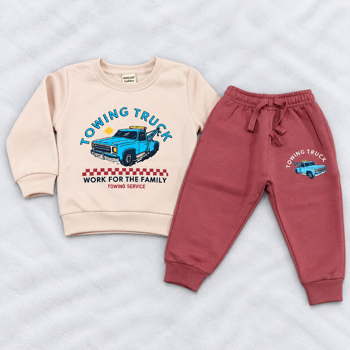 Kids Winter Thermal Sweatshirt & Pant Set – Towing Truck Print
