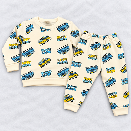Cucumber Boys Cream Printed Fleece Cord Set | Winter Wear Co-Ord Set for Kids