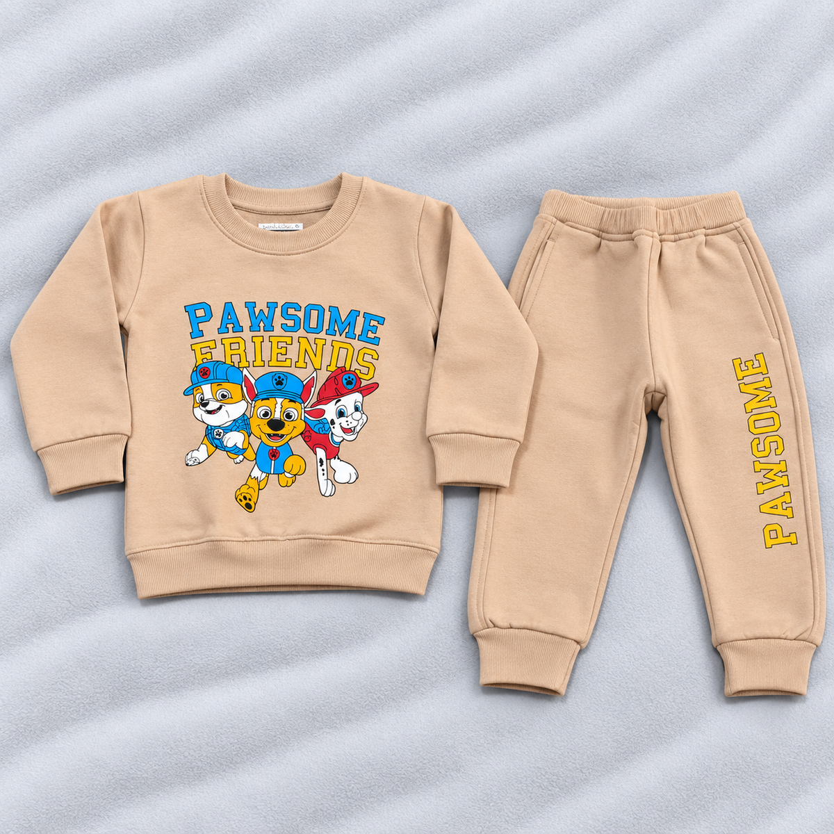 Little Blooms Kids Beige Fleece Sweatshirt & Jogger Set | Winter Wear Co-Ord Suit