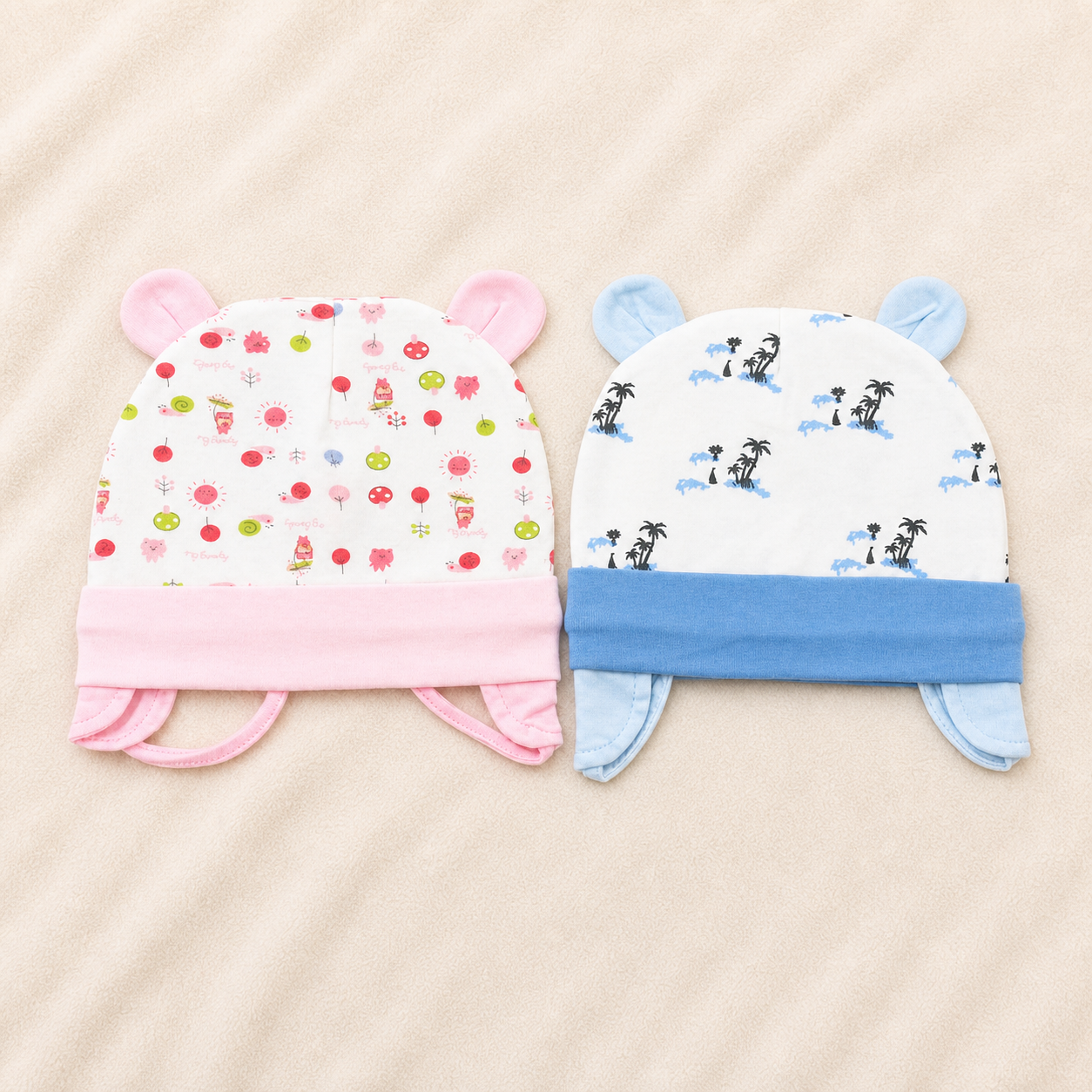 Newborn Baby Cotton Ear Design Cap Set Pink & Blue Printed Infant Caps Soft & Comfortable (Pack of 2) (Copy) (Copy)- Cutypi