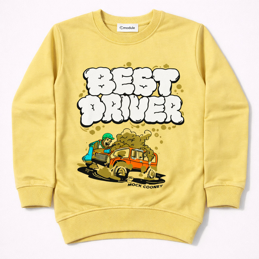 Santro Best Driver Graphic Kids Sweatshirt Yellow Cotton Blend Crewneck - Cutypi