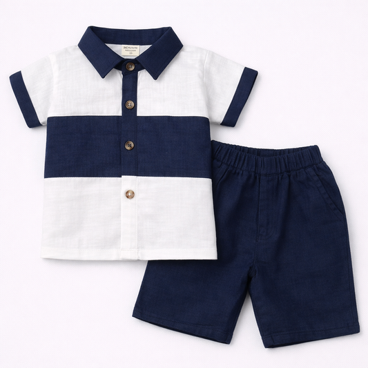 Little Bunny Kids Navy & White Color Block Shirt & Shorts Set - Muslin Cotton - Cutypi