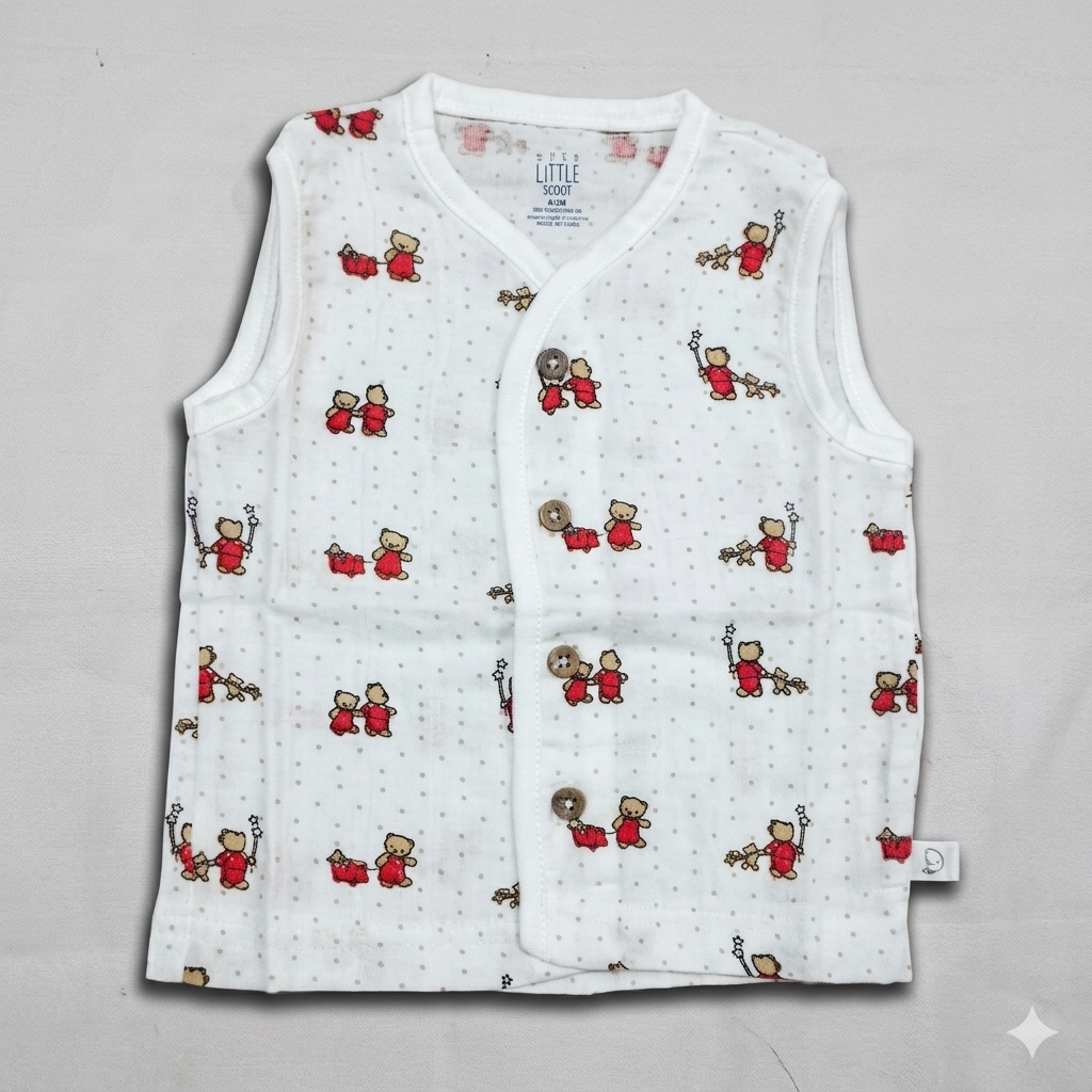 Dear Little Baby Sleeveless Muslin Cotton Top White Teddy Print Button Front Shirt - Cutypi