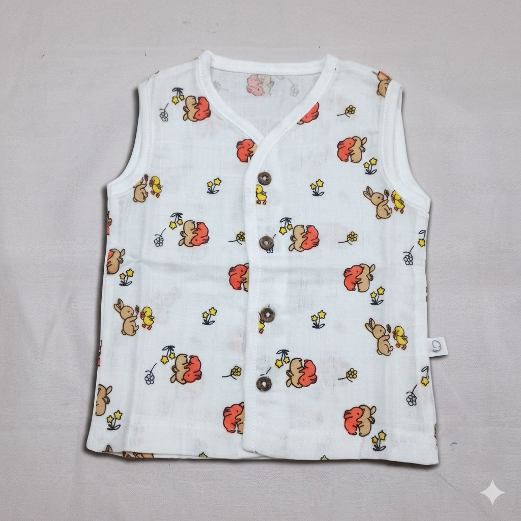 Dear Little Baby Sleeveless Muslin Cotton Top White Rabbit Print Button Front Shirt - Cutypi