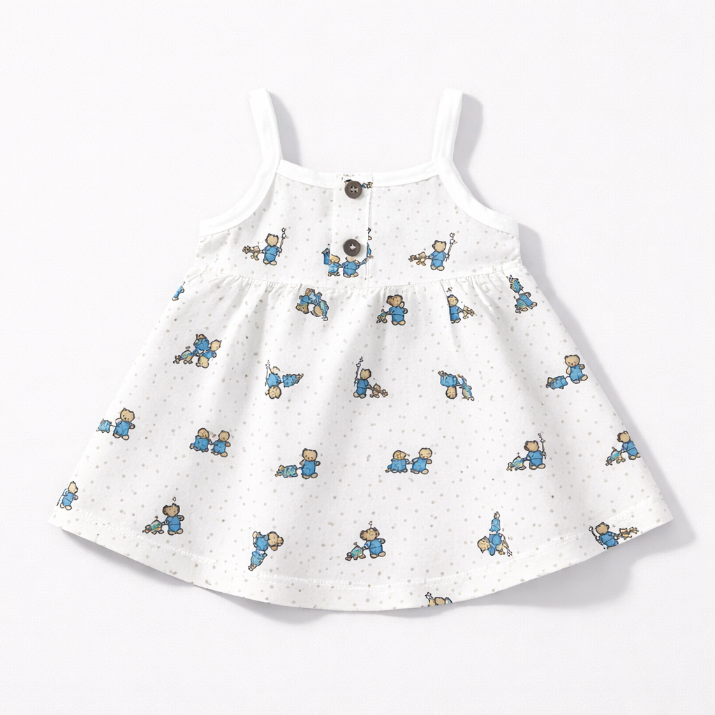 Dear Little Baby Girl Printed Cotton Dress White Blue Teddy Bear Sleeveless Summer Dress - Cutypi