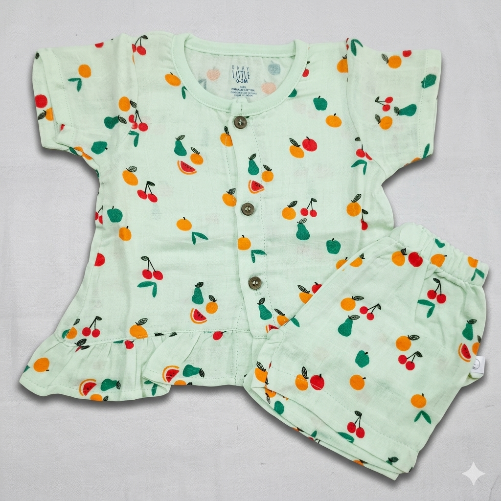 Dear Little Baby Girl Muslin Cotton Co-Ord Set Printed Top and Shorts Set - Cutypi
