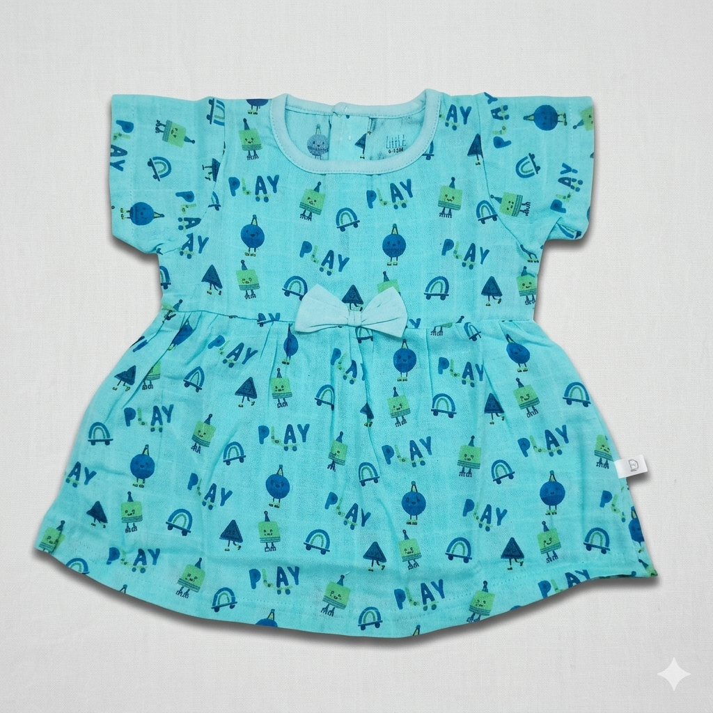 Dear Little Baby Girl Printed blue Muslin Cotton Dress Bow Detail Short Sleeve Frock - Cutypi