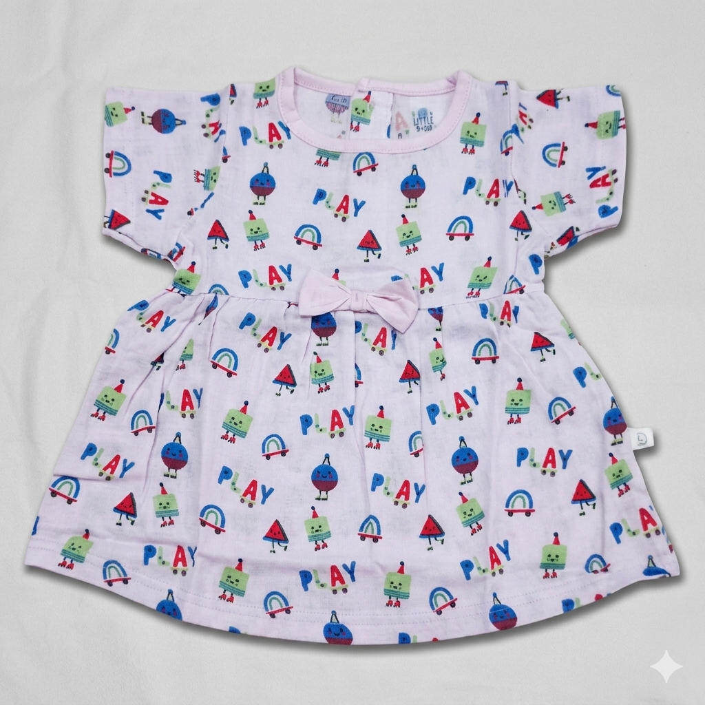 Dear Little Baby Girl Printed Muslin Cotton Dress Bow Detail Short Sleeve Frock - Cutypi