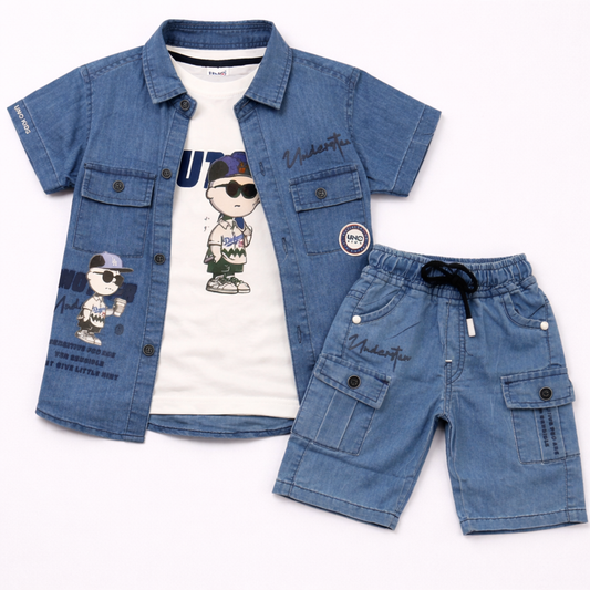 First Toy Denim Shirt with Graphic T-Shirt & Denim Cargo Shorts Kids 3-Piece Set - Cutypi