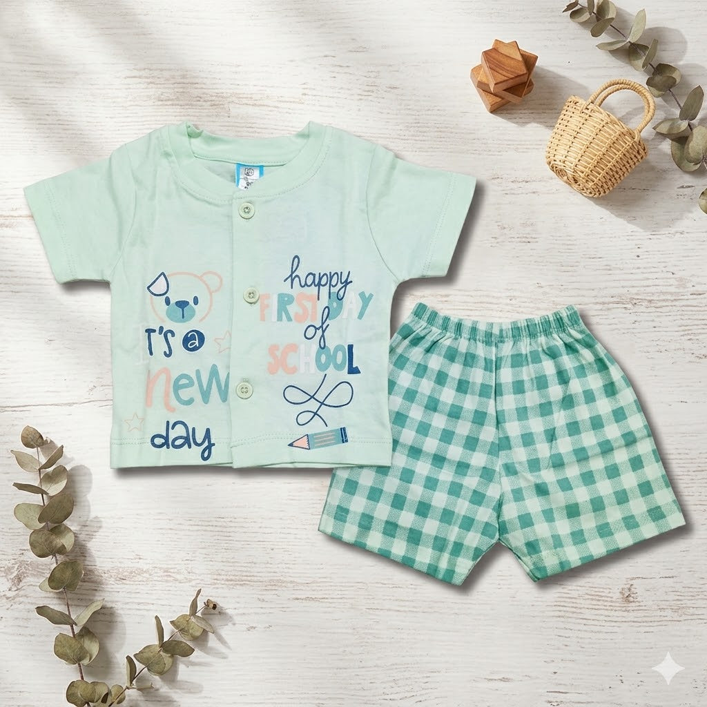 First Toys Baby Boys Cotton T-Shirt and Shorts Set Mint Green New Day Print Outfit - Cutypi