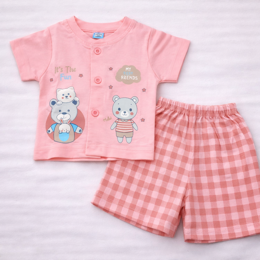 First Toys Baby Girls Cotton T-Shirt and Shorts Set Pink Cute Bear Print Outfit - Cutypi