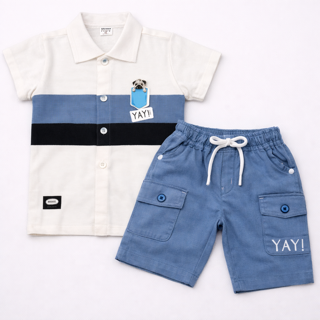 Revo White & Blue Striped Shirt with Blue Cargo Shorts for Kids - Cutypi