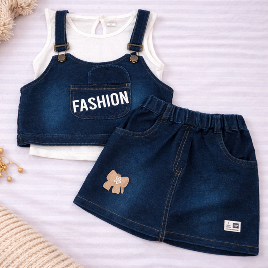 Revo Girls Denim Top and Shorts Set Fashion Print Stylish Kids Outfit Casual Wear - Cutypi