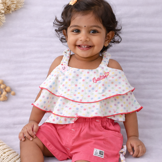 Girls Cotton Top and Shorts Set Polka Dot Summer Outfit Pink