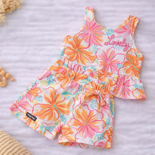 Cucumber Girls Cotton Top and Shorts Set Floral Print Sleeveless Summer Outfit Kids Wear - Cutypi