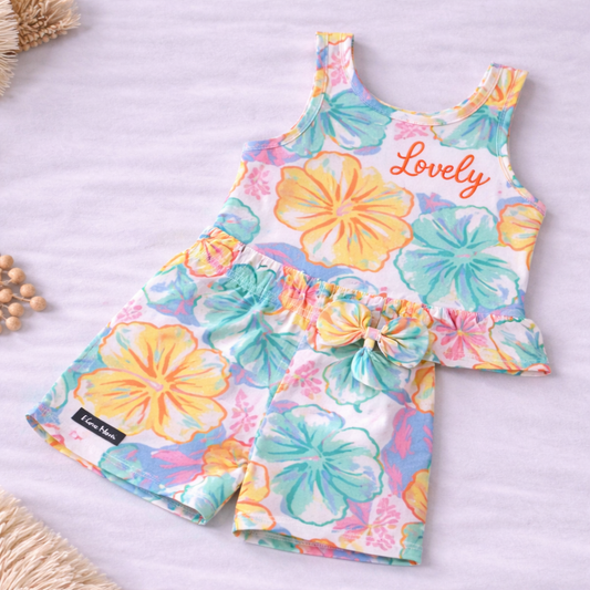 Cucumber Girls Cotton Top and Shorts Set Floral Print Sleeveless Summer Outfit Kids Wear - Cutypi