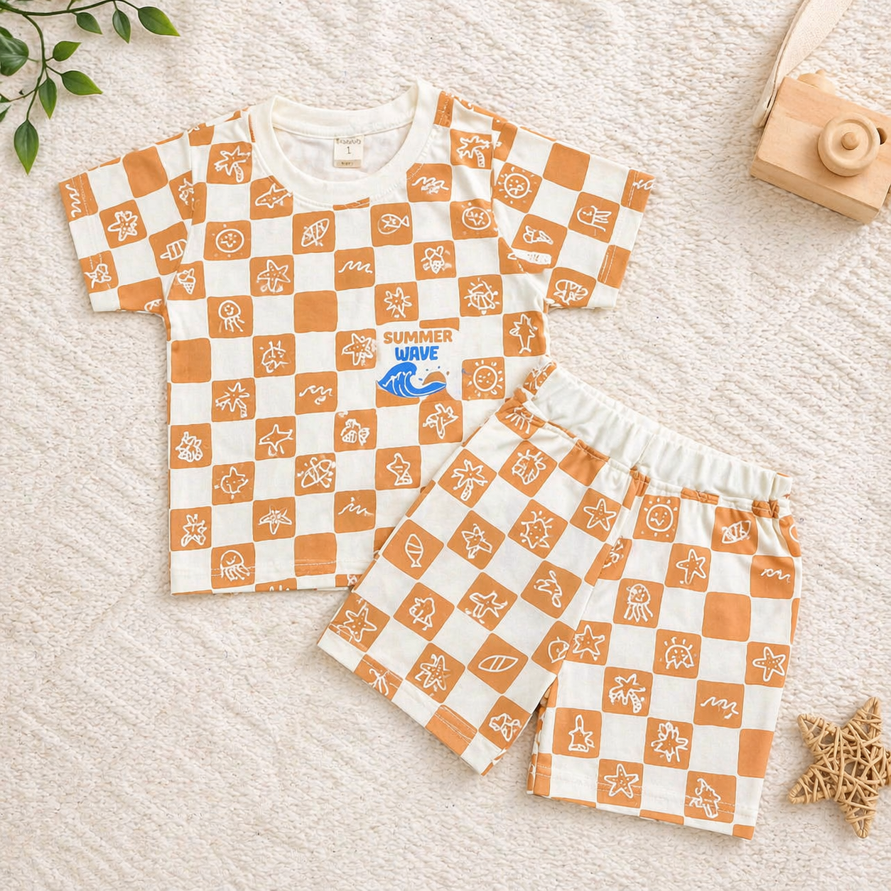 Krunchy Boys Cotton T-Shirt and Shorts Set Orange Summer Wave Print Outfit - Cutypi