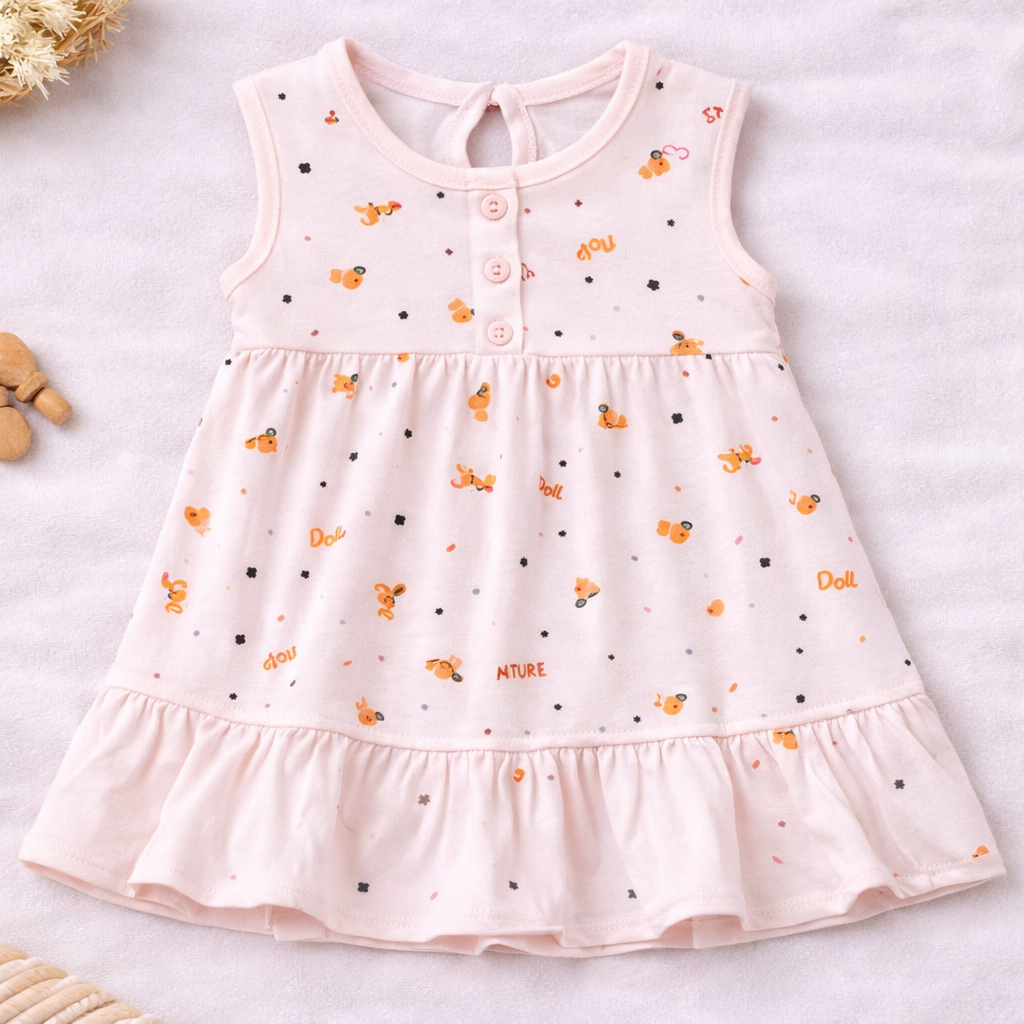 Hazelnut Baby Girl Cotton A-line Dress Soft Sleeveless Printed Peach Casual Summer Baby Dress - Cutypi