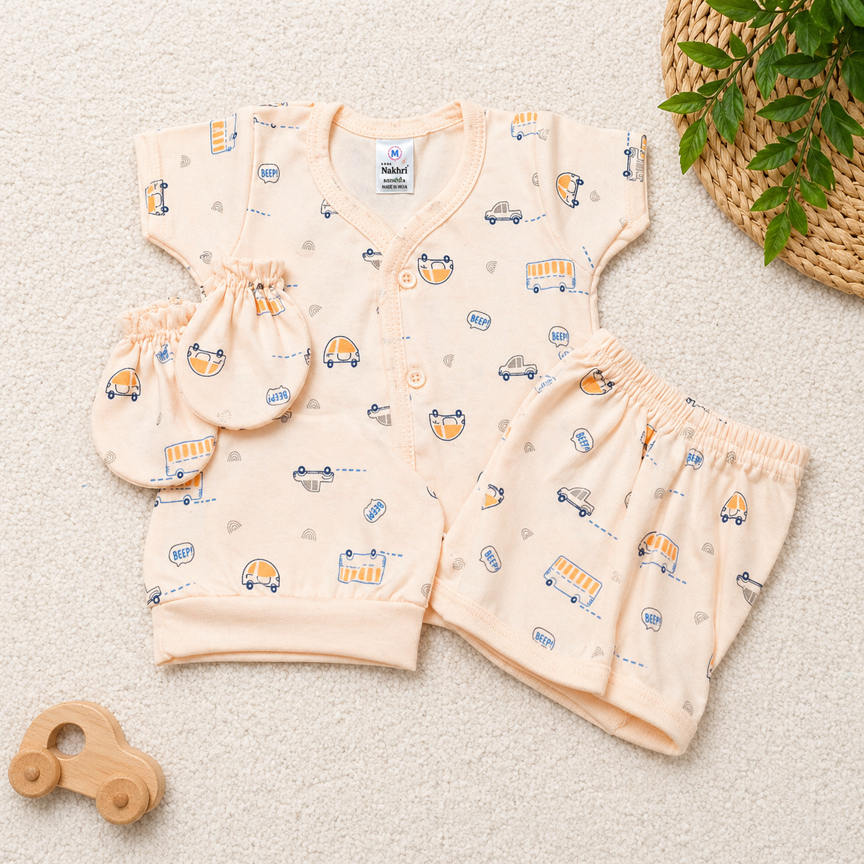 Newborn Baby Cotton Clothing Set Pink 4 Piece Printed Outfit with Cap Mittens