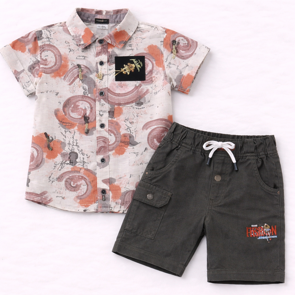 K Boys boys abstract printed cotton half sleeve shirt with dark grey cargo shorts summer co-ord set for kids