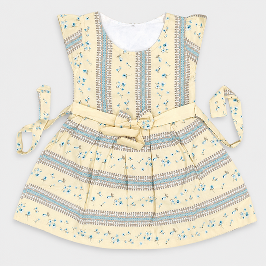My Bubbly Girls Cream Floral Printed Fit & Flare Cotton Dress with Waist Tie Belt, Flutter Sleeves, Soft 100% Cotton Party Wear Dress for Girls | Cutypi.com