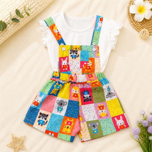 Girls Printed Dungaree Shorts Set with White Ruffle Sleeve Top | 2-Piece Outfit | Cutypi