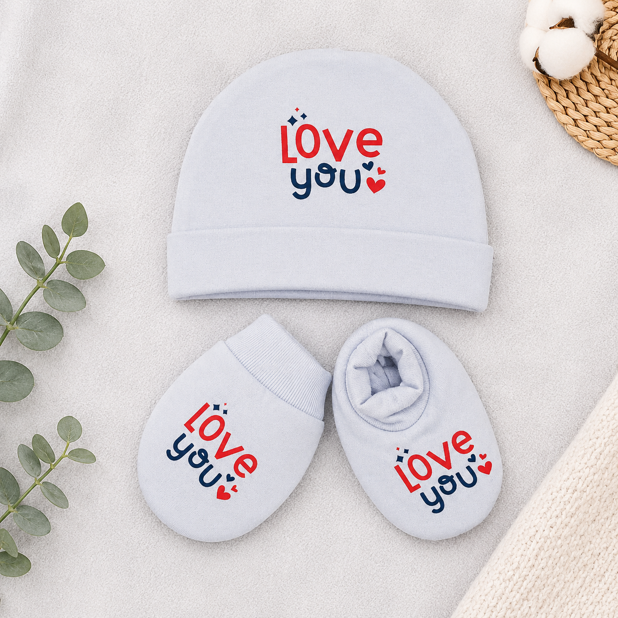 Newborn Baby Cotton Cap & Mittens Set Love You Print Soft Grey Set- Cutypi