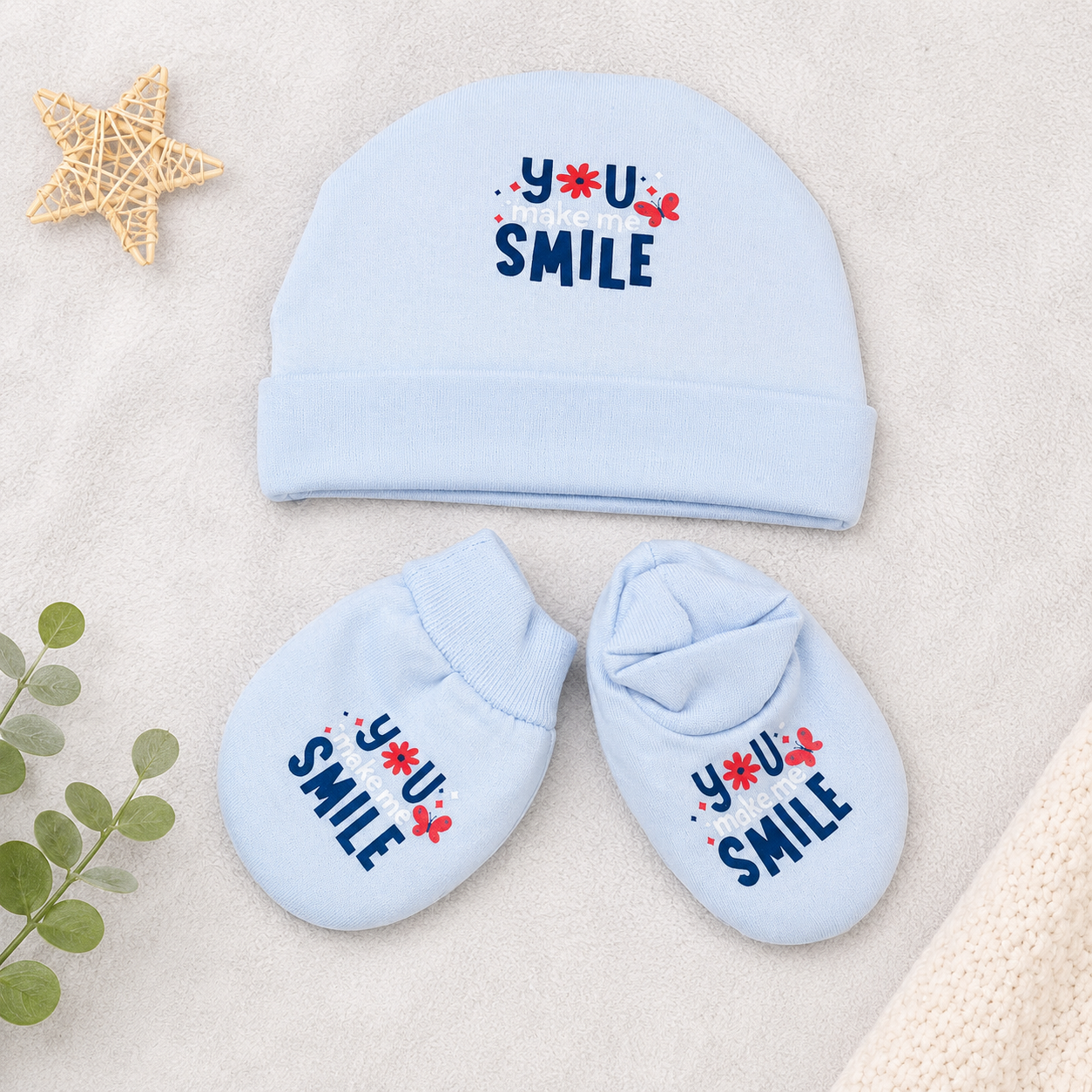 Newborn Baby Cotton Cap & Mittens Set Love You Print Soft Blue Set- Cutypi