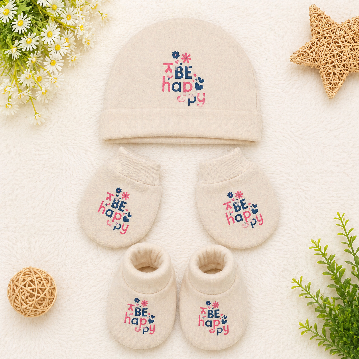Newborn Baby Cotton Cap & Mittens Set Love You Print Soft Set- Cutypi
