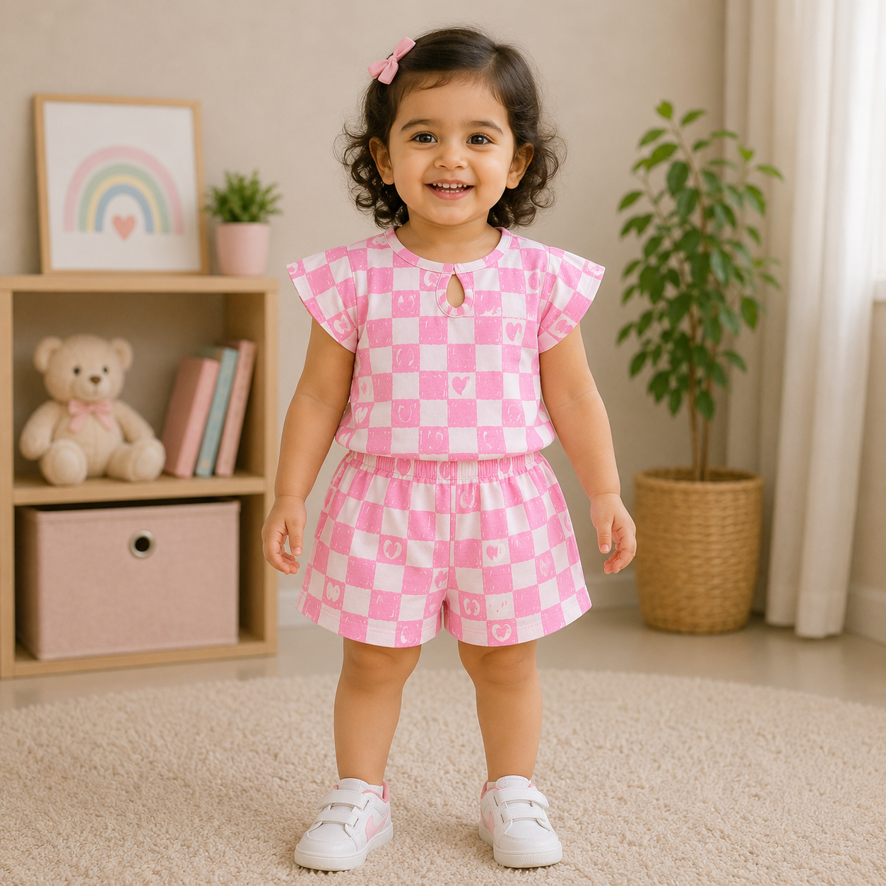 Simply girls pink heart print top and matching shorts set for kids