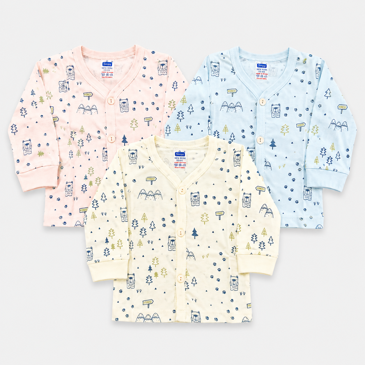 Simply Newborn Cotton Front Open Jabla Set of 3 – Printed Full Sleeve Baby Tops