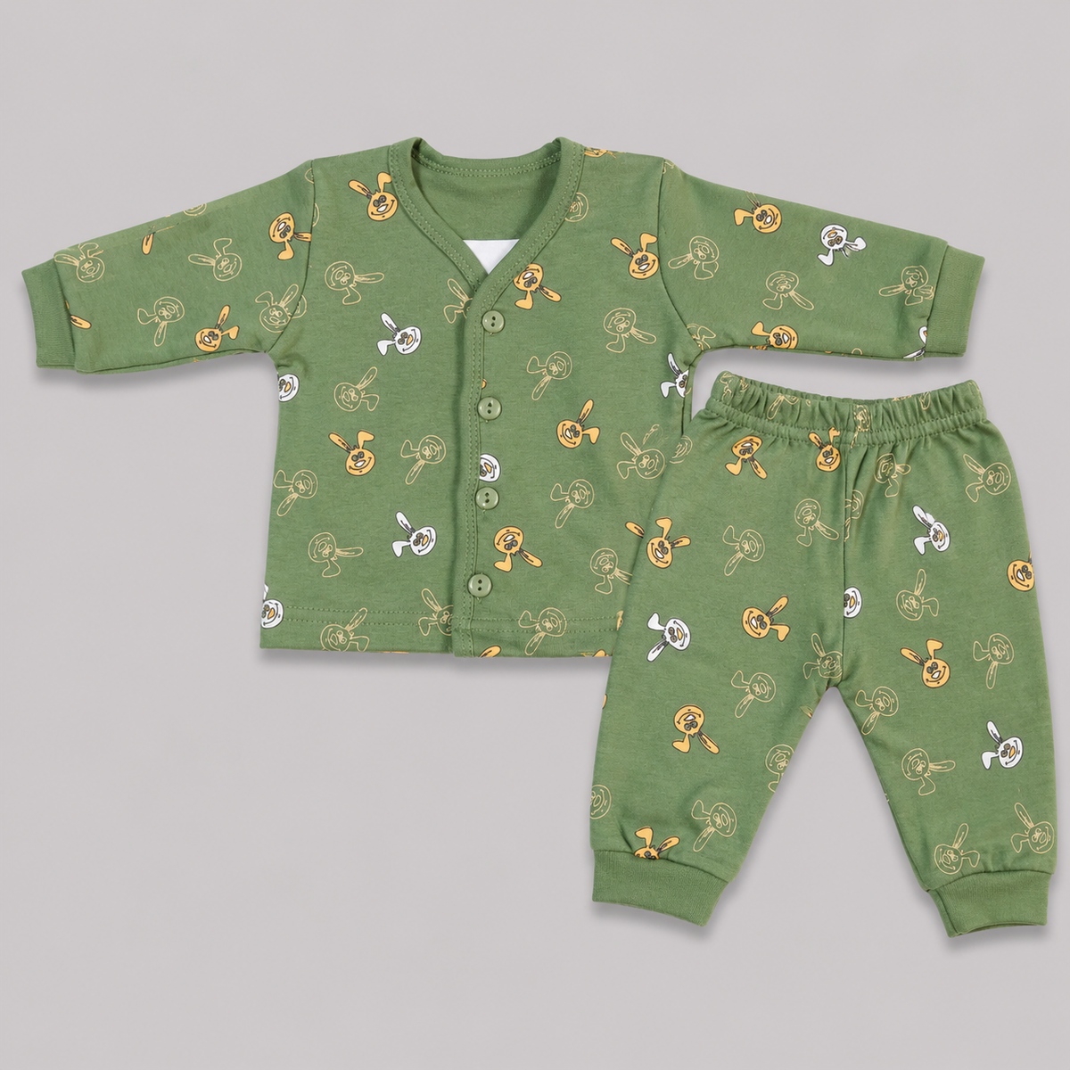 Krunchy Newborn Baby Printed Shirt & Pajama Set | Green Bunny Print