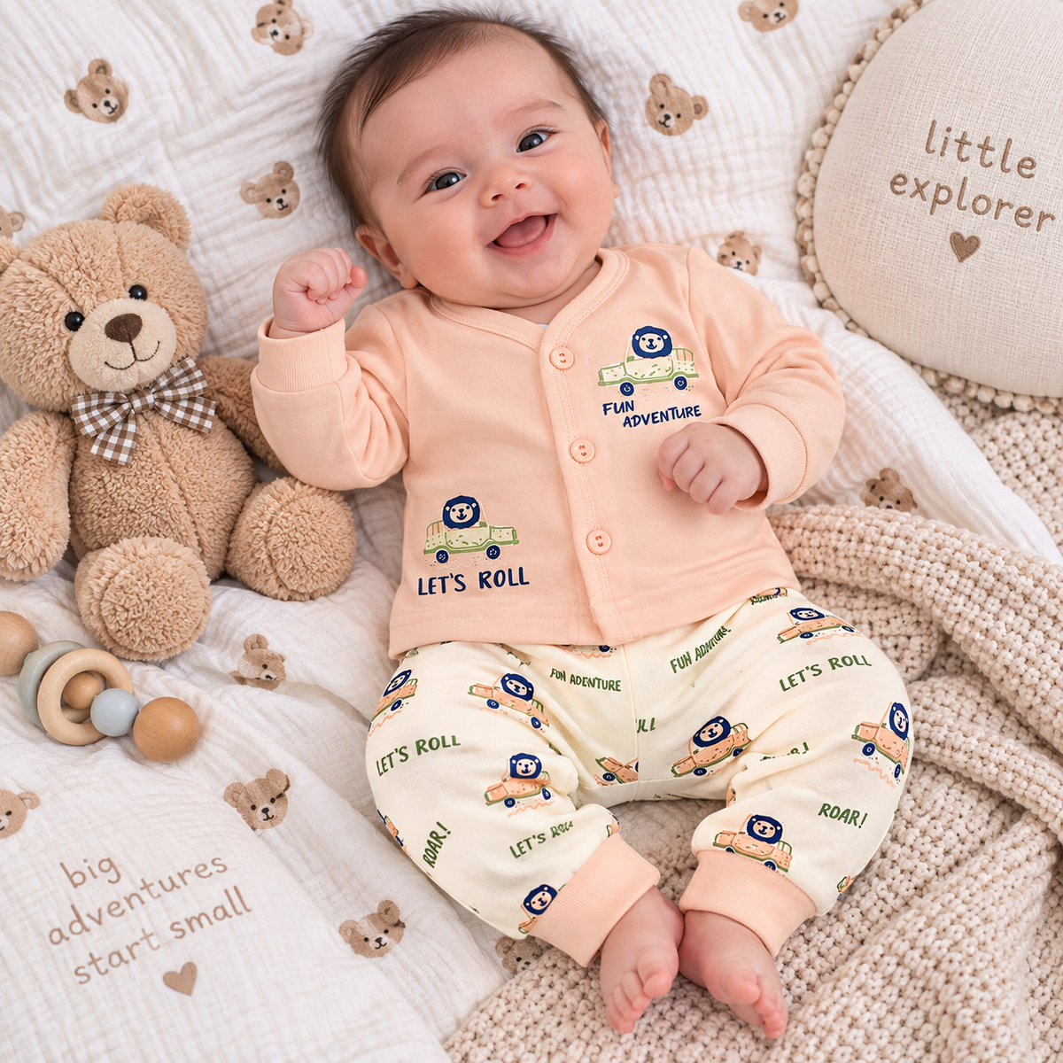 Krunchy Newborn Baby Boys Peach Front Open Top & Pant Set