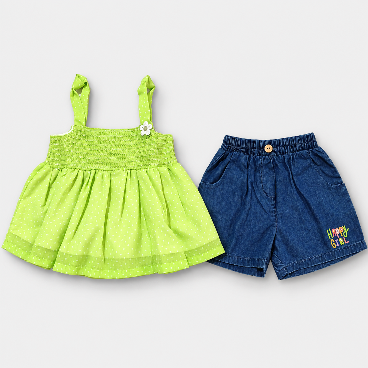 Girls Green Smocked Top & Denim Shorts Set