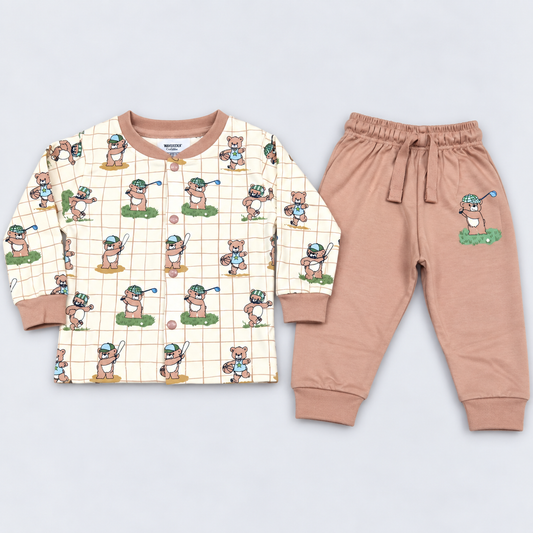 Cucumber Baby Boys Cream & Pink Bear Print Top & Jogger Set