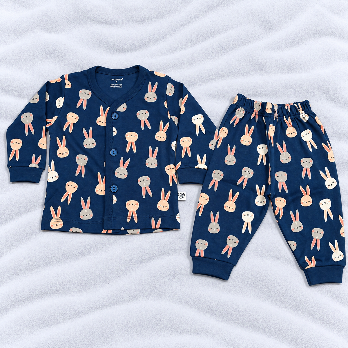 Cucumber Baby Girls Navy Blue Bunny Print Cotton Top & Pajama Set
