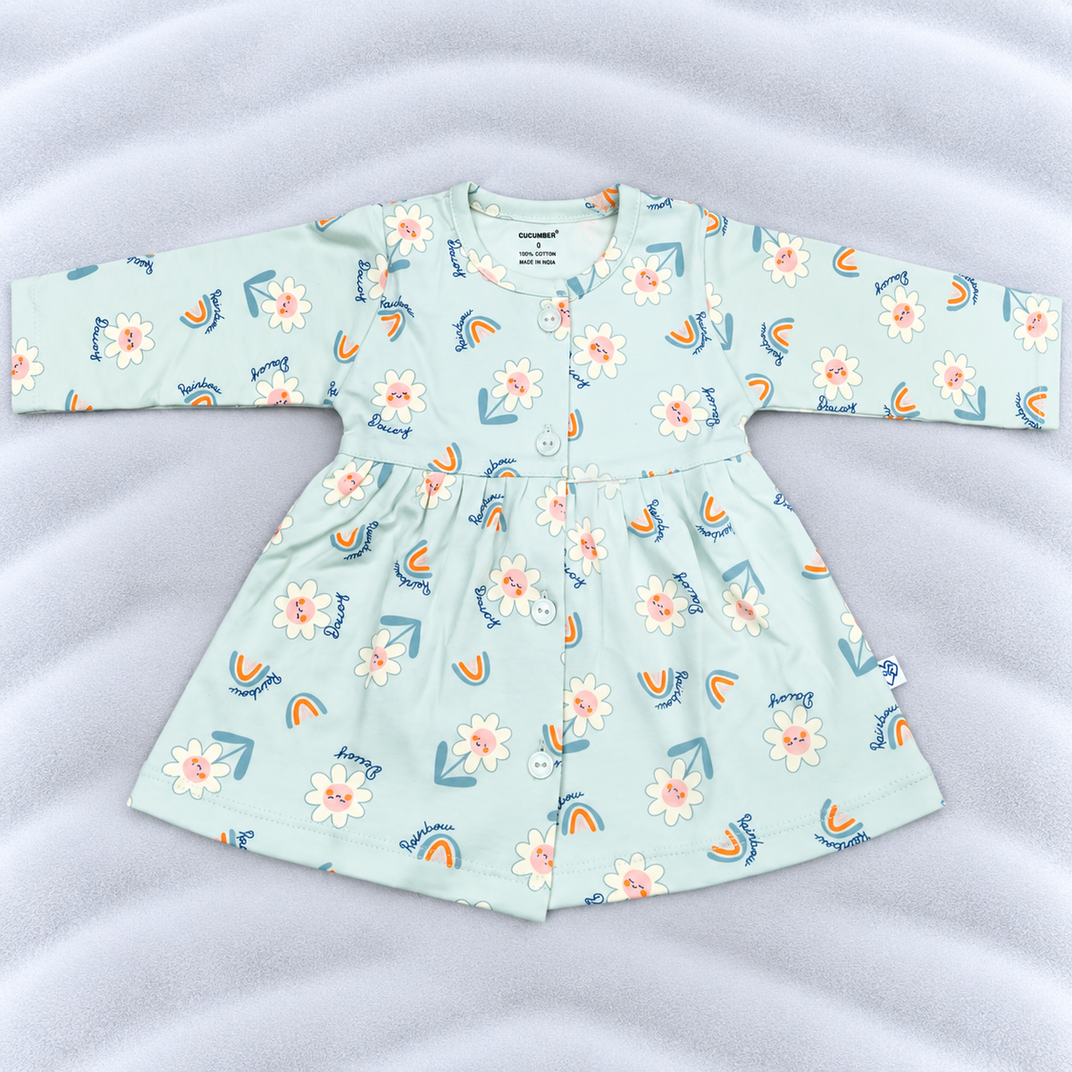 Cucumber Baby Girls Light Blue Floral Rainbow Print Cotton Dress