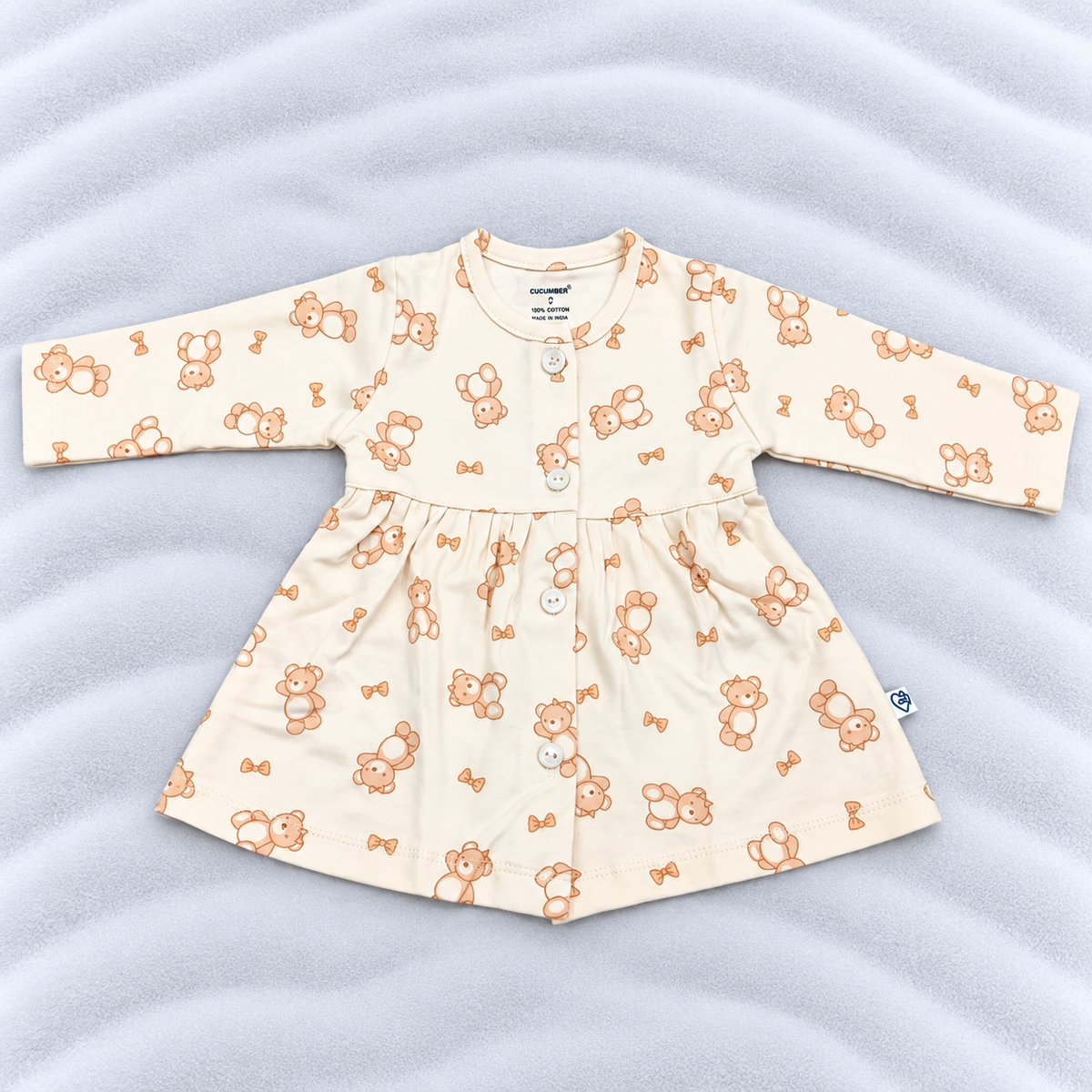 Cucumber Baby Girls Off White Teddy Bear Print Cotton Dress