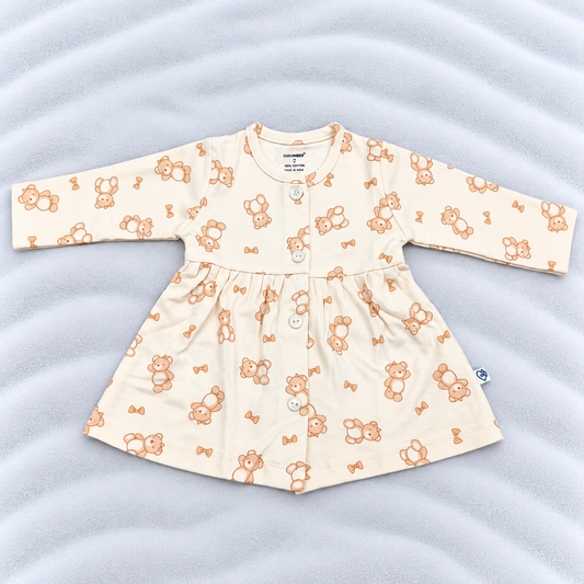 Cucumber Baby Girls Off White Teddy Bear Print Cotton Dress