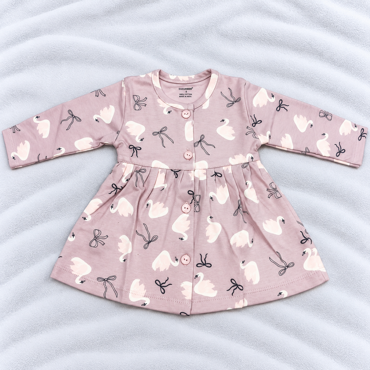 Cucumber Baby Girls Rose Pink Swan Print Cotton Full Sleeve Frock