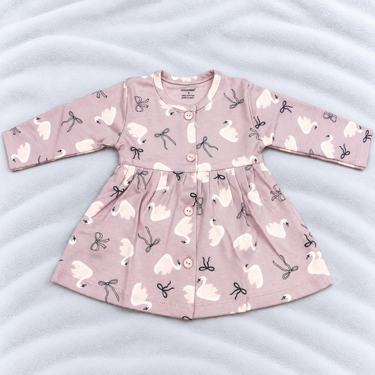Cucumber Baby Girls Rose Pink Swan Print Cotton Full Sleeve Frock
